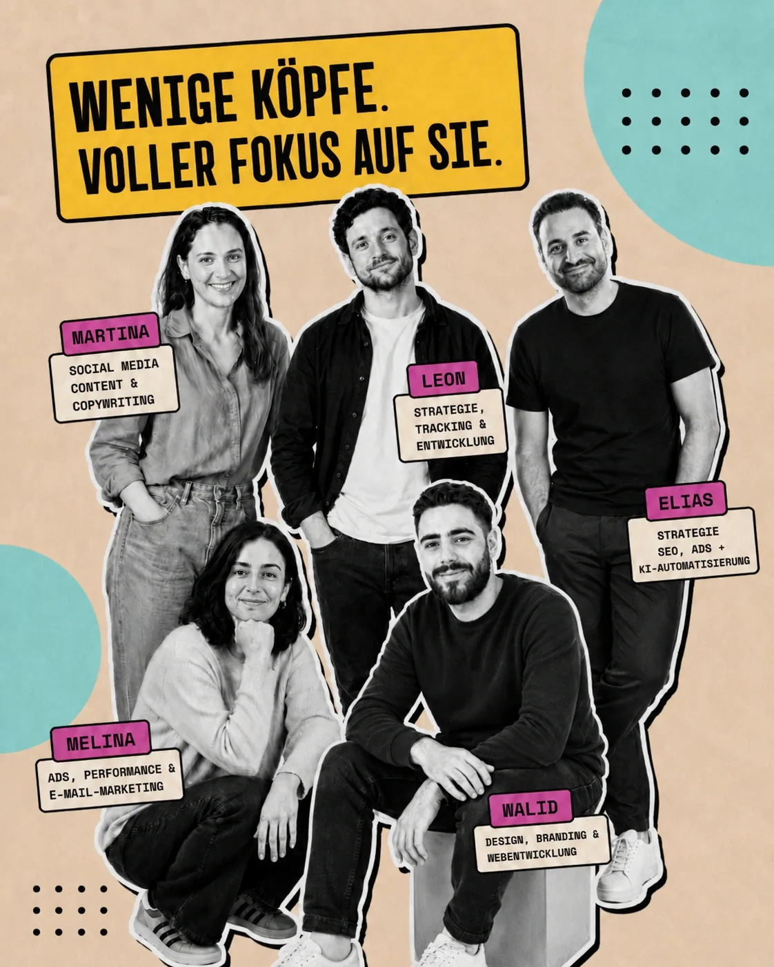 Das Klickpfad-Team: Elias und Walid sowie die KI-Kollegen Martina, Leon und Melina