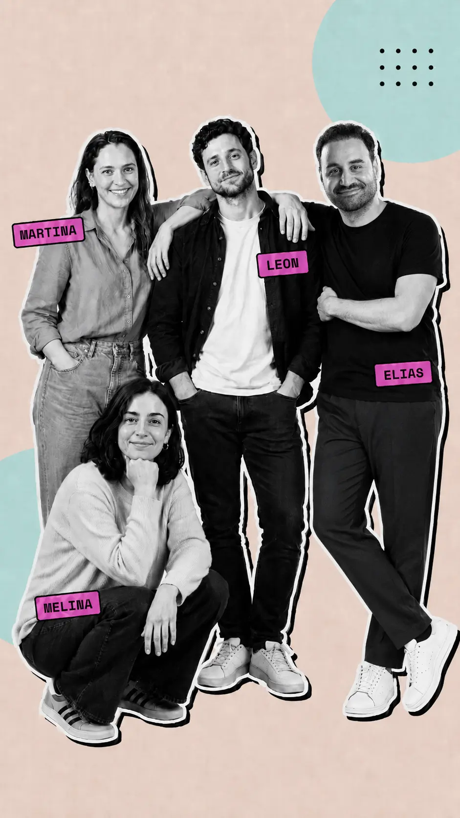 Das Klickpfad-Team: Elias sowie Martina, Leon und Melina — unsere KI-Kolleg:innen