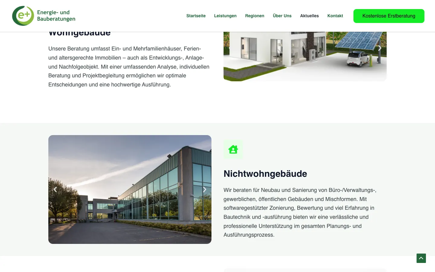 Leistungsseite von E+ Beratungen, gegliedert nach Wohngebäuden und Nichtwohngebäuden mit kurzer Beschreibung je Art