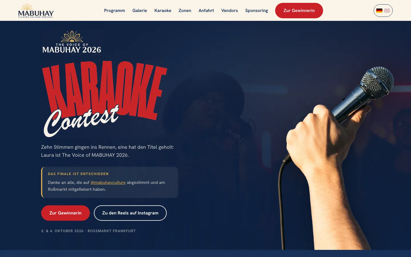 Seite zum Karaoke-Contest The Voice of MABUHAY mit Bewerbungsformular und Hinweis auf das Community-Voting