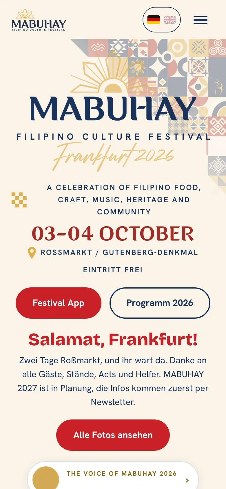 Handy-Ansicht der Website von MABUHAY Filipino Culture Festival, gebaut von Klickpfad