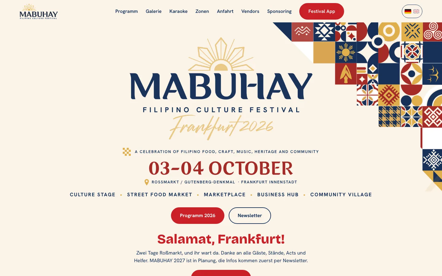 Startseite von mabuhayculture.com mit Festival-Sonne und dem Termin der Erstausgabe in Frankfurt