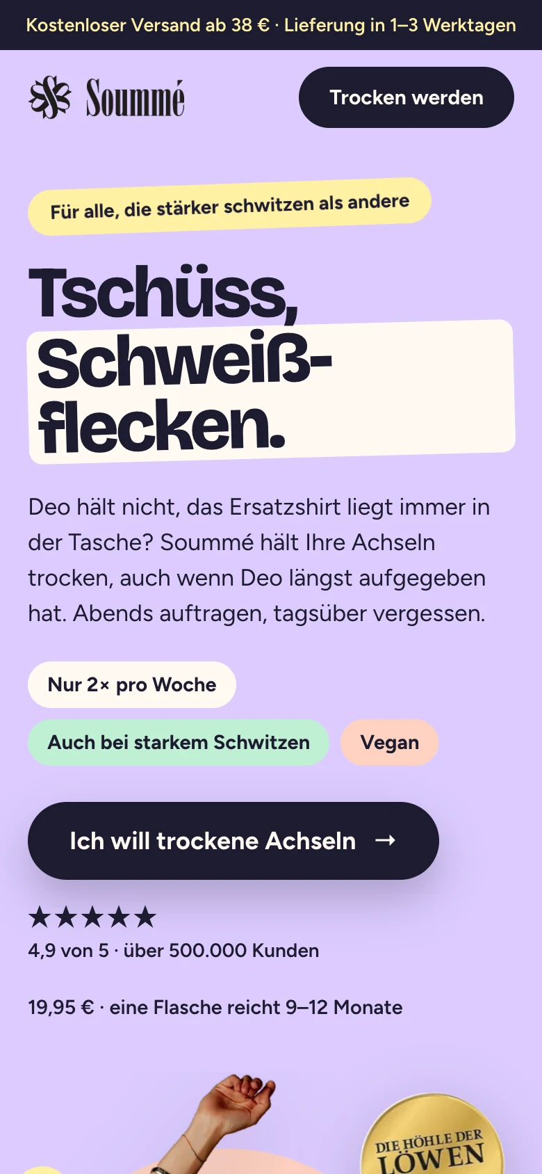 Die Soummé-Landingpage am Handy: Überschrift, kurzer Text und Knopf „Ich will trockene Achseln“ direkt im ersten Bildschirm