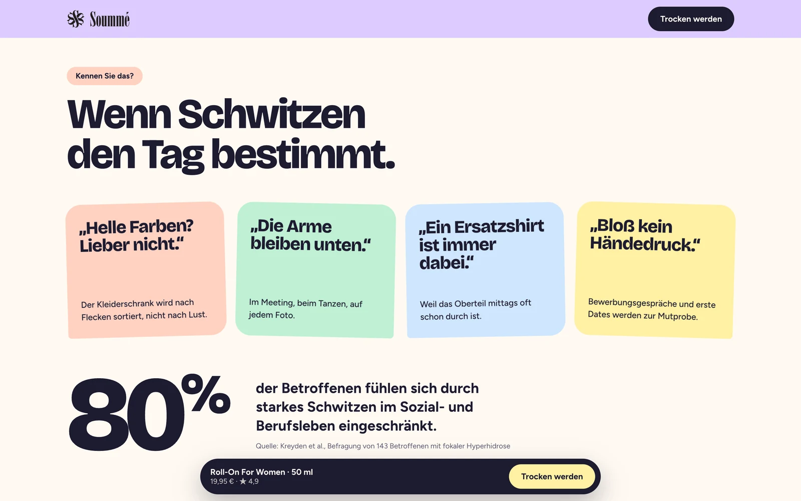 Abschnitt der Soummé-Landingpage „Wenn Schwitzen den Tag bestimmt“ mit vier Alltagssätzen von Betroffenen