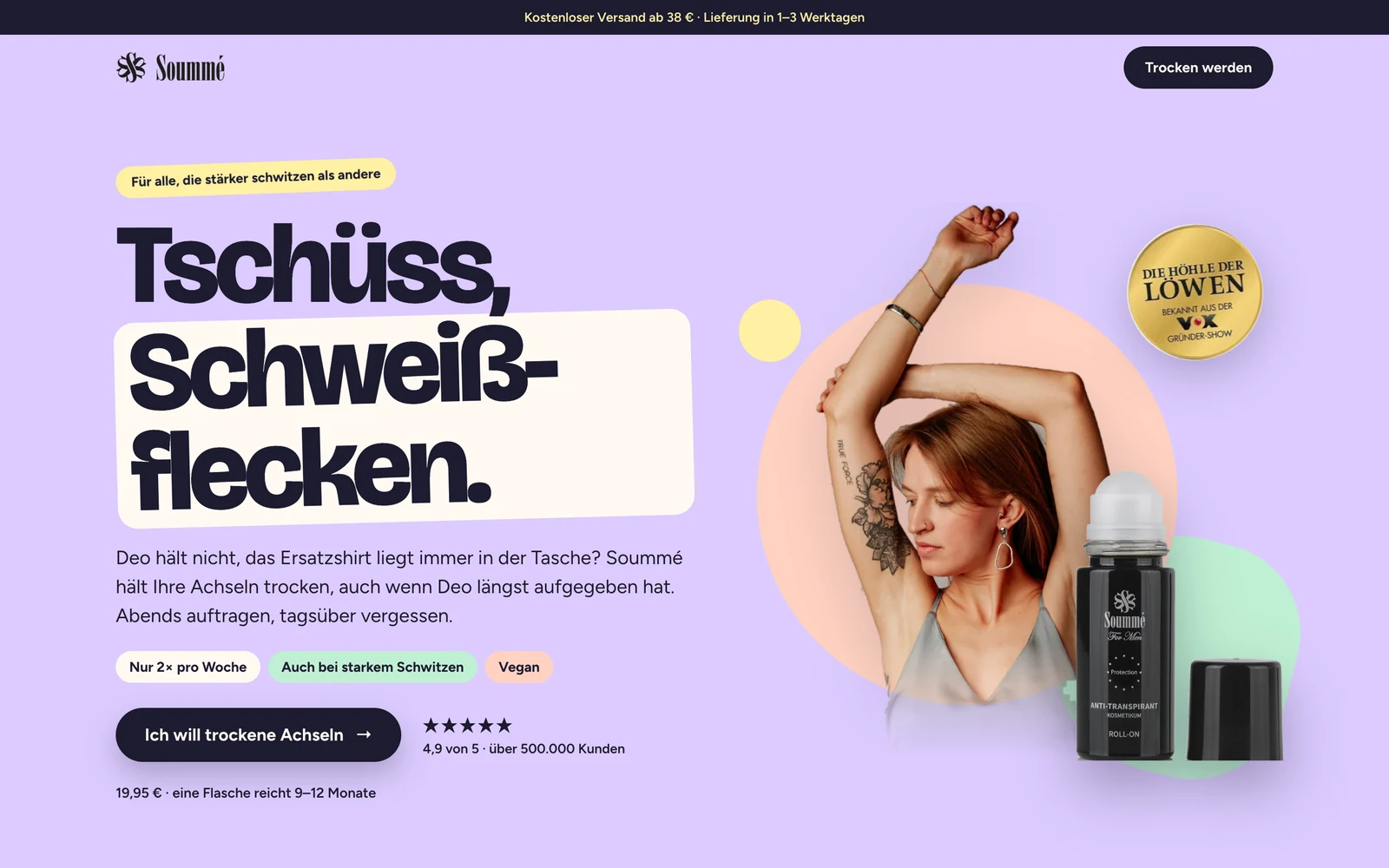 Startseite der Kampagnen-Landingpage von Soummé mit der Überschrift „Tschüss, Schweißflecken.“ und dem Roll-On