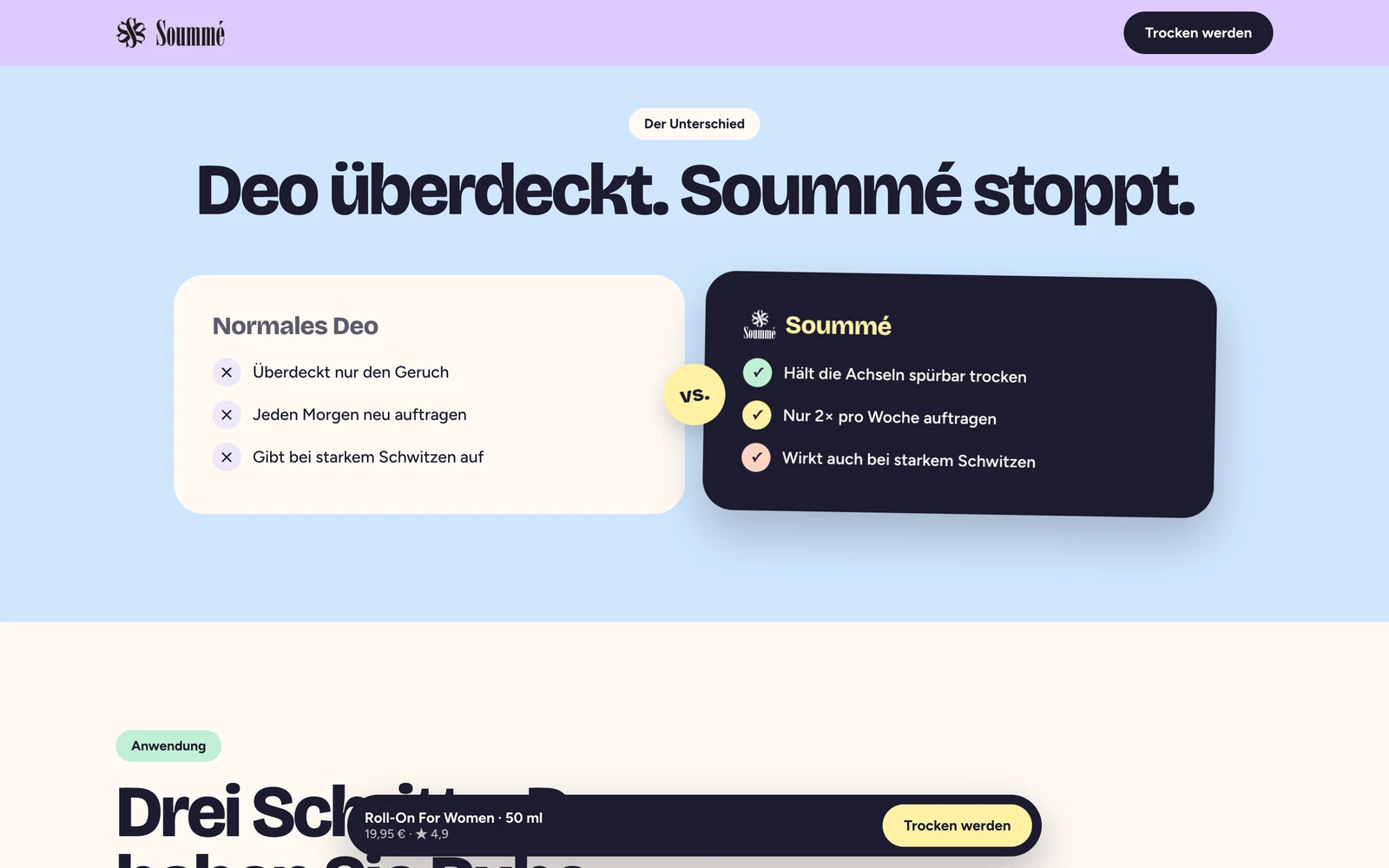 Abschnitt der Soummé-Landingpage „Deo überdeckt. Soummé stoppt.“: normales Deo und Soummé im direkten Vergleich